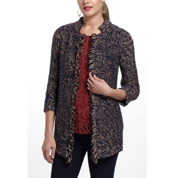 Womens Anthropologie Sparrow Marled Peat Open Front Fringe Cardigan Sweater Sz S - Picture 1 of 3